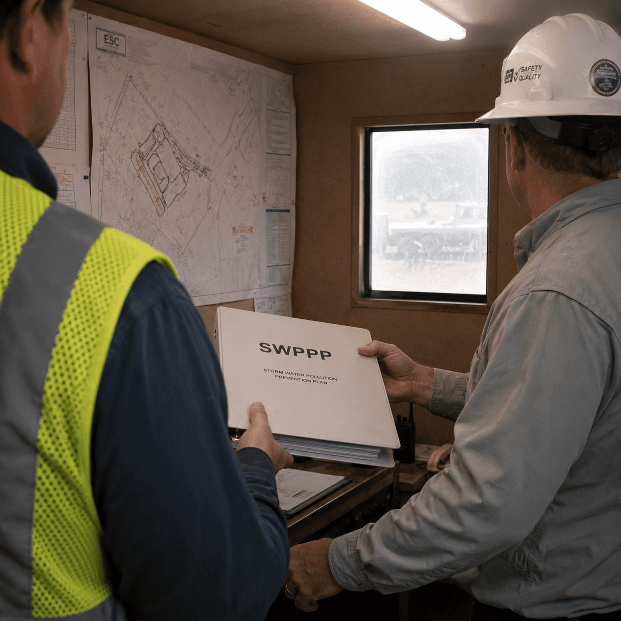 A Stormwater Compliant inspector handing a SWPPP binder to a superintendent in a job-site field office
