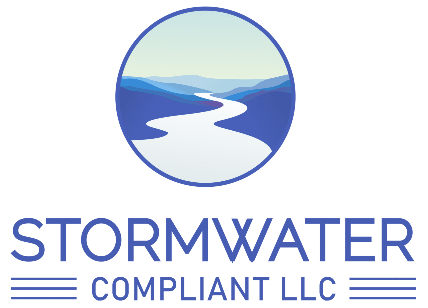 Logo of STORMWATER COMPLIANT LLC featuring a blue river and water droplet.