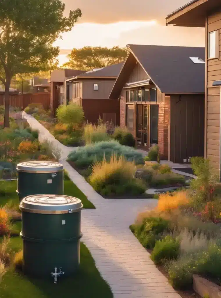 A residential neighborhood with a sidewalk full of pots and plants, all about storm water compliant.